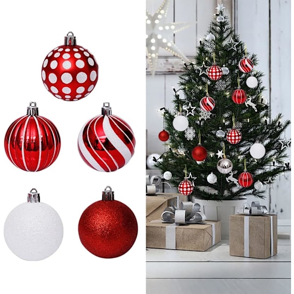 30 st röda och vita julgranskulor, 6 cm krossäkra julgranskulor