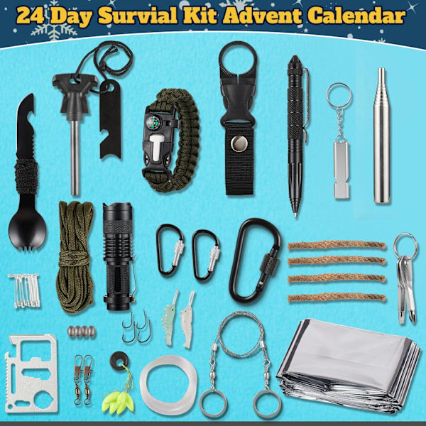 Överlevnadskit Adventskalender 2024 Vuxna Män, 24 Dagars Julnedräkning Kalender Tonårspojkar med Coola Prylar för Camping