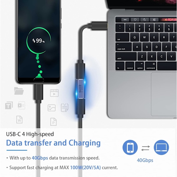 USB C-kobling 40 Gbps, USB C hunn til hunn støtter 8k@60HZ og 100W hurtiglading, USB C hunn til