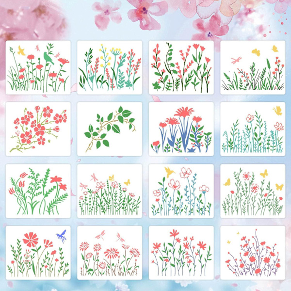 16 st återanvändbara stenciler med körsbärsblommor och vinrankor för målning på trä