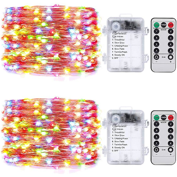 2-pack 10 meter LED-ljusslingor med 100 flerfärgade LED-lampor, batteridrivna med timerinställning och fjärrkontroll