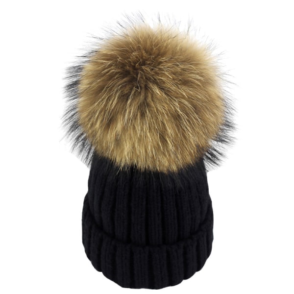 Dame strikhue med pompom, sort vinter varm fleeceforet hat