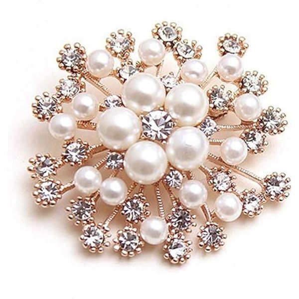 Imitation Pearl Crystal Snowflake Flower Design Brosch Pin Badge