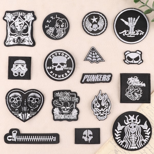 16 stk. Tøjlaver (kranie/punk) Sy-laver Stryge-laver Broderilaver Strygeapplikationer til tøj,