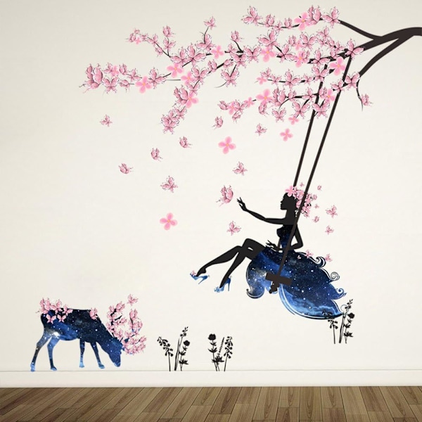 Girl on Tree Swing & Moose Silhouette Wall Art Stickers With Pink Butterflies Decorative R