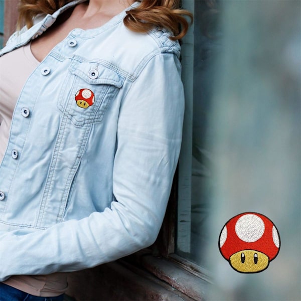Kirjonta Punainen Sienipatch, Ommeltava Rauta-Patch Takki Merkki Farkut Applikaatio Mario Kart/Snes/Mario Wor V