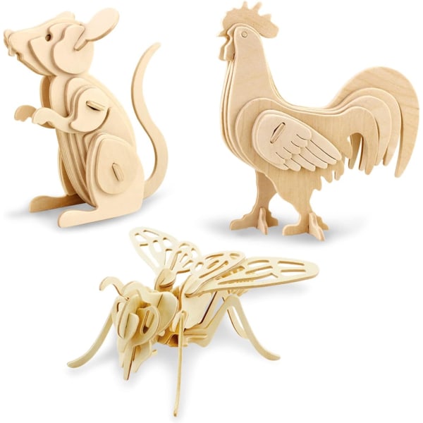 (Bee Mouse Chicken) Byggesett av tre 3D puslespill i tre
