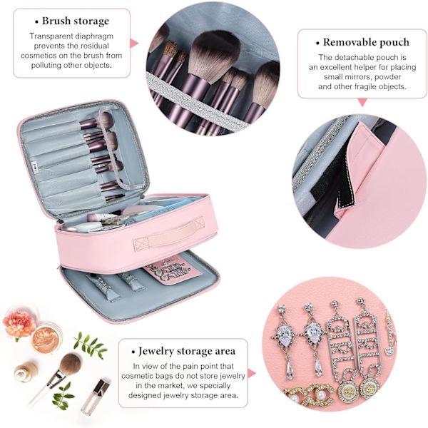 (Pink) 1 stk. Rejse Make-up og Smykke Taske Rejsearrangør med Make-up Pung, Make-up Organizer og Co