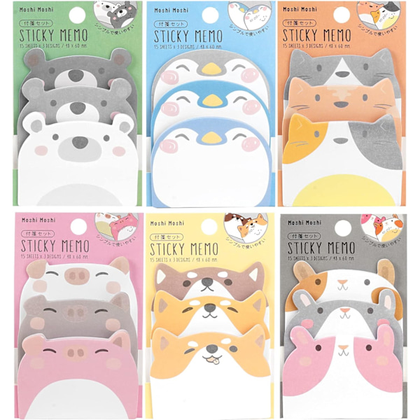 6 Sticky Note Pads Animal Shaped Adhesive Note Sheets Set of Sti