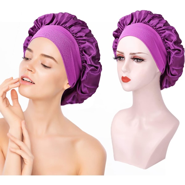 2 stycken sidenhuvor för natten, satinhuva för kvinnor, mjuk elastisk band satinhuva, siden natt (Black+Purple)