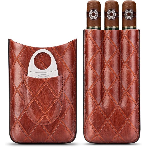 Ljusbrunt case i läder, 3-rörs Travel Portable Cigarr Hum
