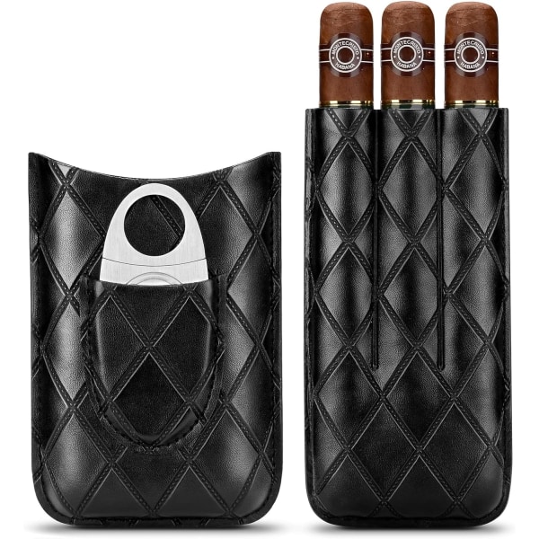 Svart case i läder, 3-rörs Travel Portable Cigarr Humidor w