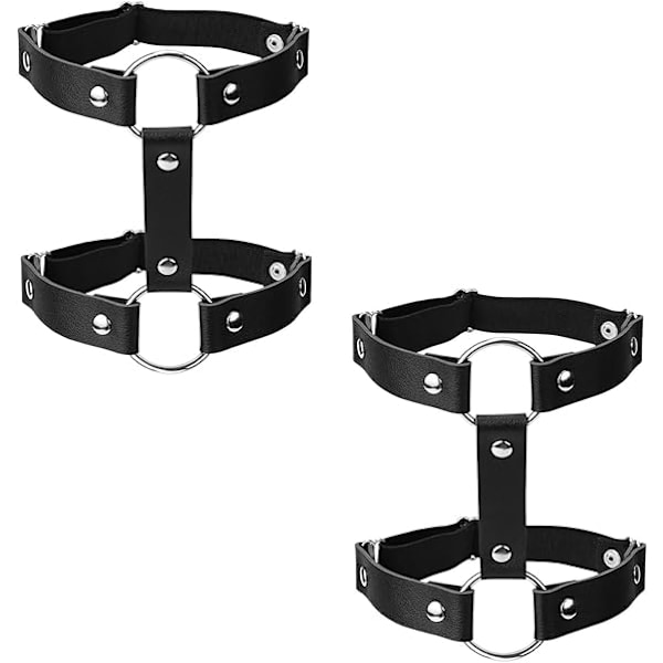 2 Stykker Justerbare Elastiske Benstrømper Sorte Punk Gothic Læder Benløkker 2 Rækker Ring Elastisk Lårstrømper C