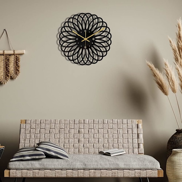 （blommönster）Svart rund väggklocka DIY tyst modern design väggklockor lämplig för sovrum vardagsrum kontor konstdekoration