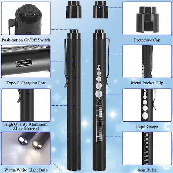 2 stk. Genopladelig Penlight med Pupillometer LED Penlight