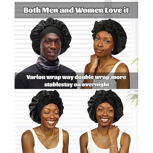 Satin Bonnet Siden Bonnet för Sovning Siden Nattmössa Dubbellager Hårmössa med Elastiskt Band för (Black+Red)