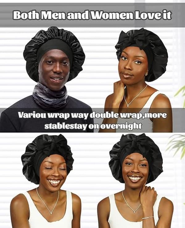 Satin Bonnet Silke Bonnet til Søvn Silke Nathætte Dobbelt Lag Hår Bonnet med Elastisk Bånd til (Black+Red)