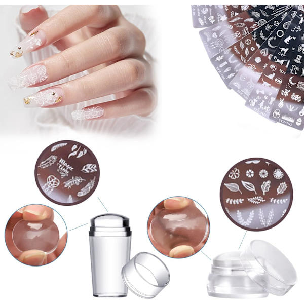 6 kpl kynsien leimasinlevyä, 1 läpinäkyvä leimasin, 1 kaavin (Dreamcatcher, ruoho, Patt