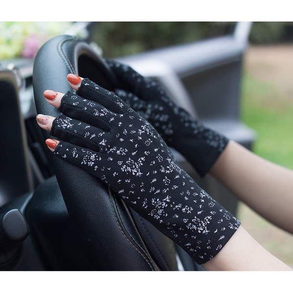 Black, Women's Half Finger Gloves Cotton Summer Driving Gloves Cycling Non-slip Breathable Short Mittens Anti-UV Sun Pro