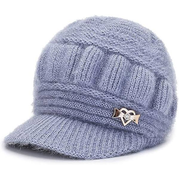 Visor hat til kvinder - Varm vinterhat foret med strikket elastisk uld