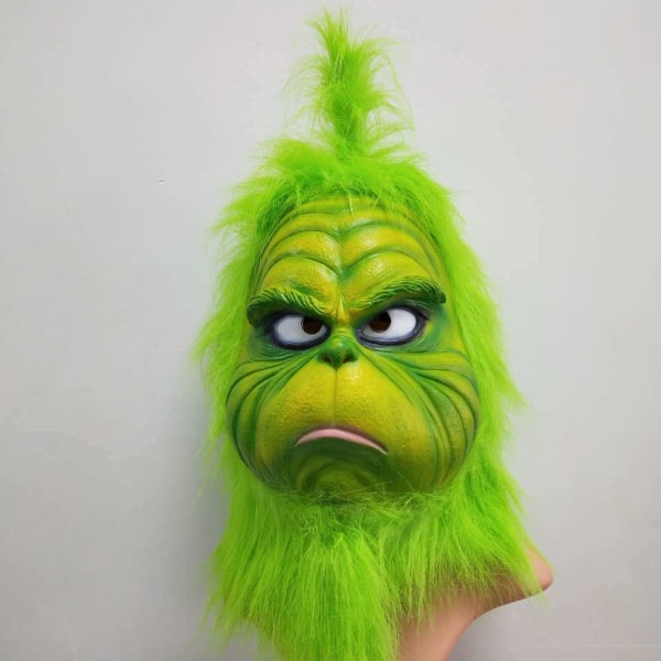 (Söt Grön) Grinch Mask Julmask för Vuxen, Rolig Grön Mask, med Syntetiskt Hår Jultomte Kostym Grinch L