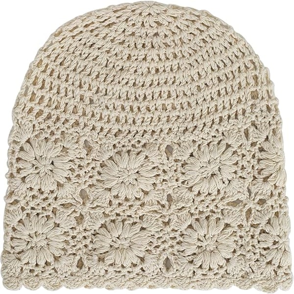 Damer Tynd Bomuldshat (Beige), Håndstrikket Hullet Sommerblomst Skallehat