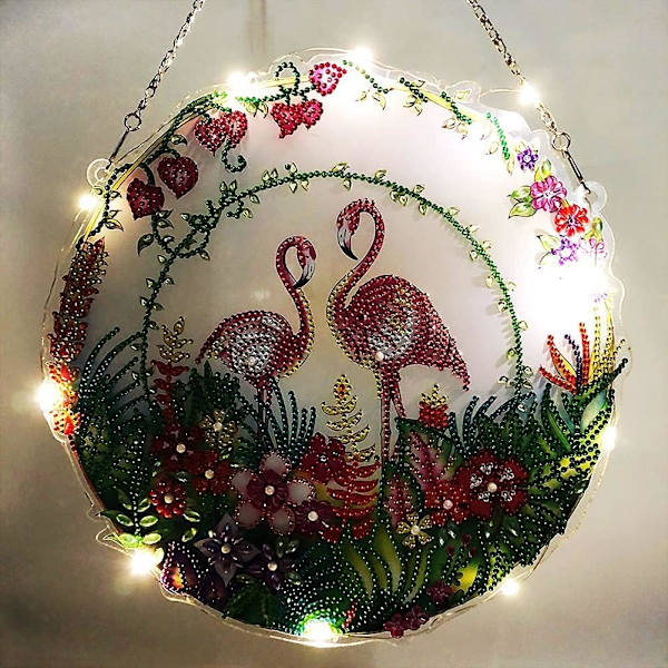 5D Juldörrkrans (Flamingos) Diamantmålning med LED-ljus Väggdekoration