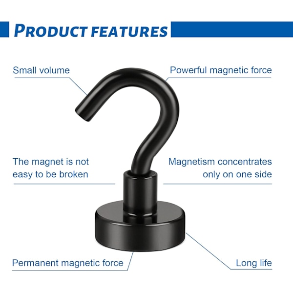 Magnetiske kroker, (6-pakning - svart), 25 kg sterk, kraftig, for cruise A