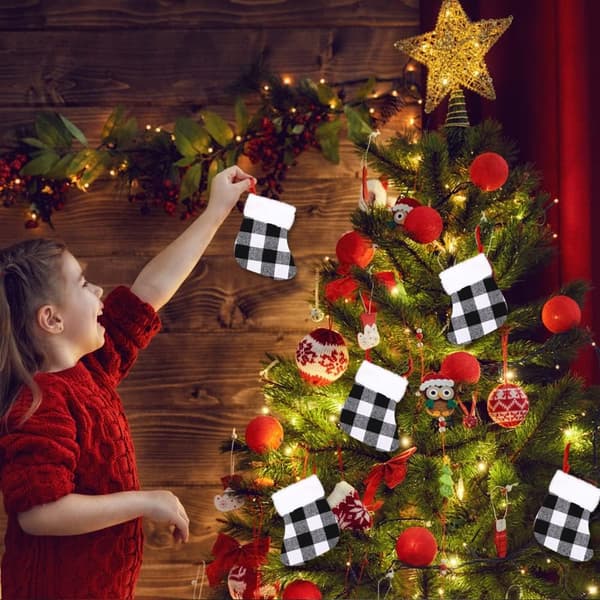 (nior) 12 Pak Dobbeltsidede Hvide og Sorte Buffalo Plaid Mini Jule Strømper med Blød Bagside til Jul