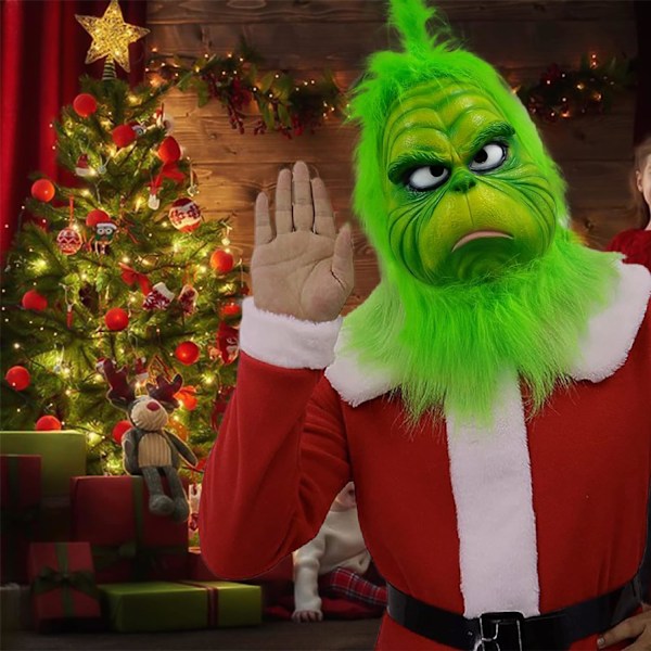 (Söt Grön) Grinch Mask Julmask för Vuxen, Rolig Grön Mask, med Syntetiskt Hår Jultomte Kostym Grinch L