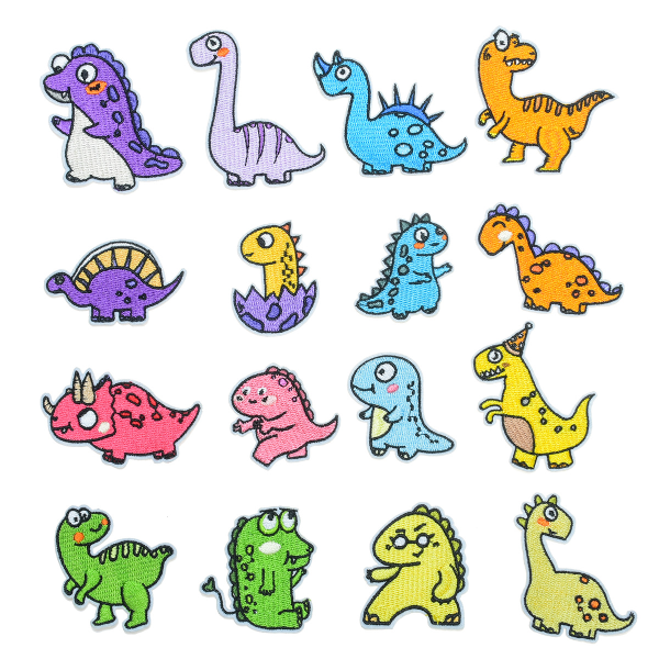 En set med 16 tecknade dinosauriebroderade tyglappar, djur