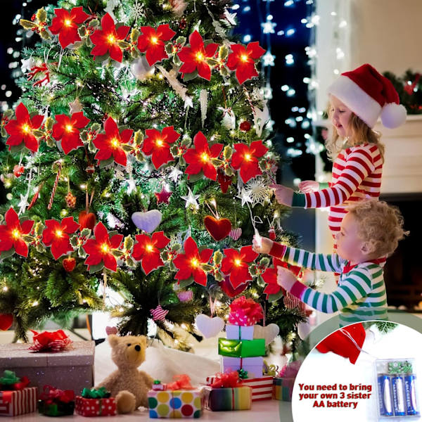 Konstgjorda Julstjärne-ljusslingor 2m 10LED Batteridrivna Sammet med Röda Bär och Mistelbär Julstjärne Fl