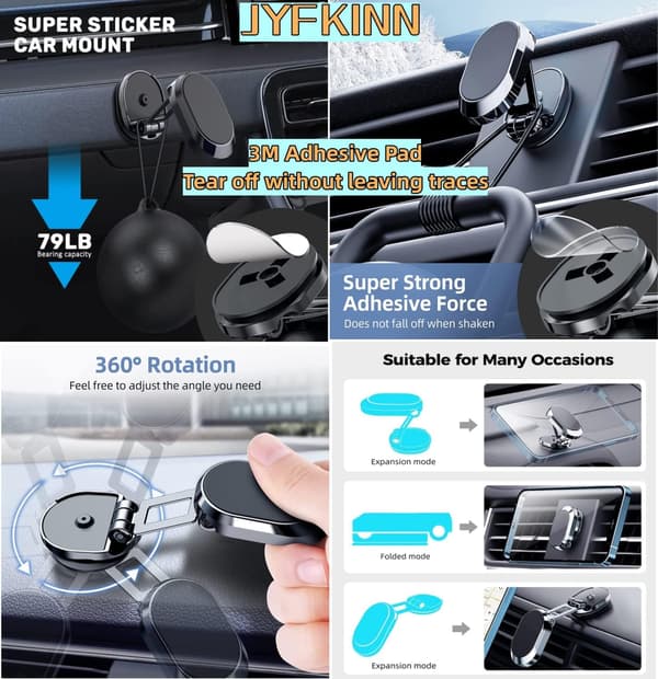 Magnetisk Sammenklappelig Biltelefonholder med 360° Foldbar Base (Sort)