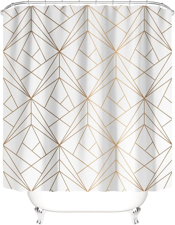DESIGN Duschdraperi gyllengul linje trianglar badrum texti