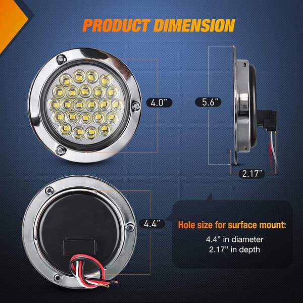 4” Runde Tilhenger Baklys 2 stk 24LED Hvit Rustfritt Stål Krom Bezel Vanntett Sikkerhetskopi Omvendt Baklys for