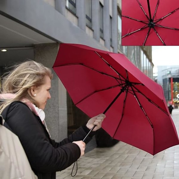 Punainen taittuva sateenvarjo, kompakti automaattinen avaus ja sulkeminen tuulenpitävä kevyt