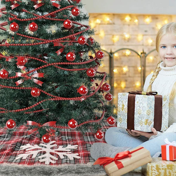 Juletræsskørt, Trætopper, 122cm Plaid Juletræsskørt Træmåtte med Tyk Kunstig Pelskant Skørt til Julepynt