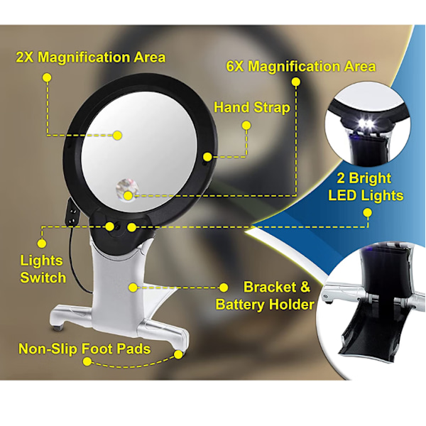 Forstørrelsesglas til nakke og bord 6X forstørrelsesglas, håndfri arm og bordbelyst LED
