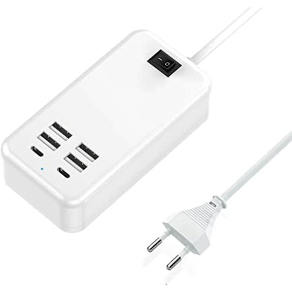 USB C, 6-port USB-oplader, 2 USB-C-porte + 4 USB-A-porte, multi-U