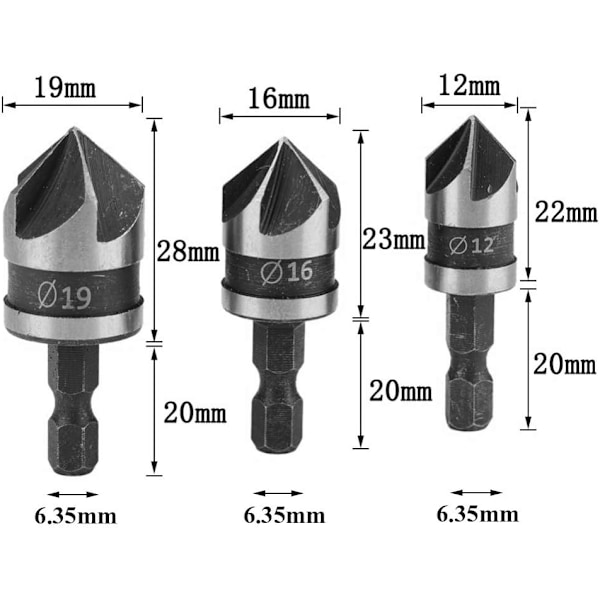 3-pack 90 Graders 5-flöjts Fasbits Set för Trä, Metall Snabbbyte 1/4\" Hex Fasborr Kolstål W