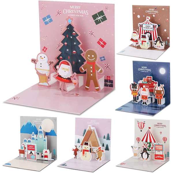 6 stk 3D julekort med konvolutter (3), 3D popup julekort God jul Pos