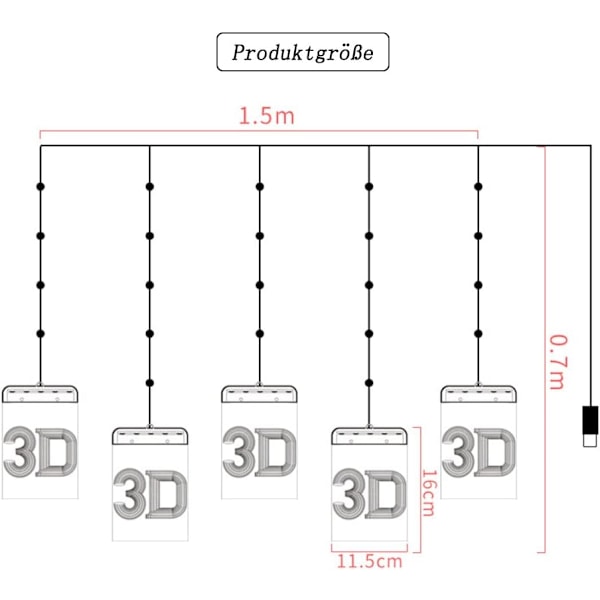 USB-lysstreng (Farve), 3D Julepynt, Festlige Dekorationslys, Julepynt, Lysstreng