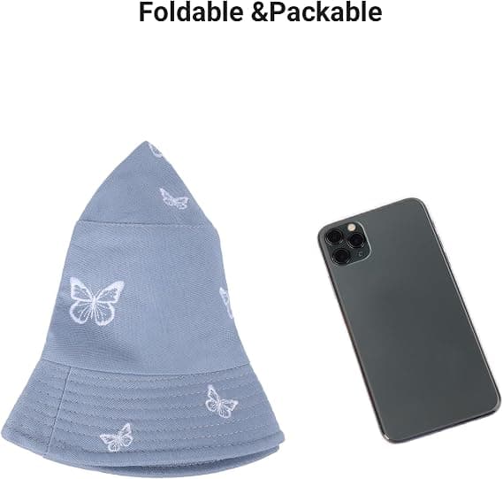 (Blå) Sommerfugl Broderi Spand Hat Dobbeltsidet Foldbar Foldbar Strand Sol Hat Kvinder'
