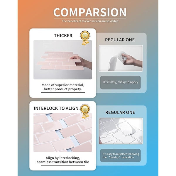 Klistremerker for veggfliser, tykkere versjon, klistremerker for bakvegg i kjøkken, bad og dusj, 3D-effekt vinylfliser