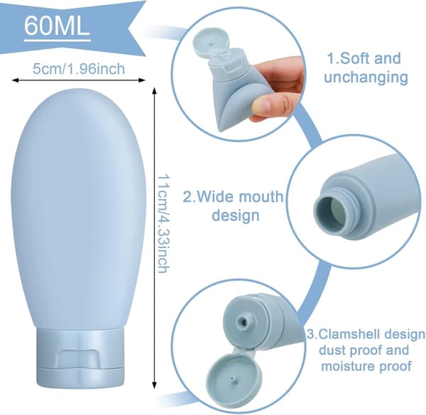 Reseflaskeset (60 ml), 6 stycken, läckagesäker, påfyllningsbar, kläm
