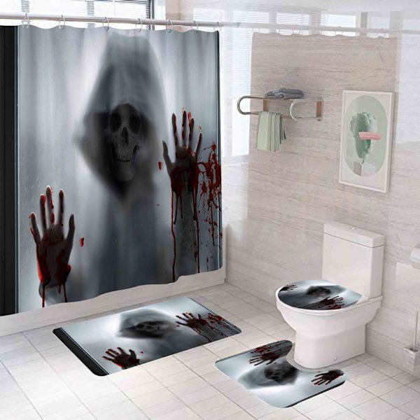 Blod Skull Halloween Bruseforhængssæt, Generisk Halloween Badeværelse Dekorationssæt 71 tommer x 71 tommer -