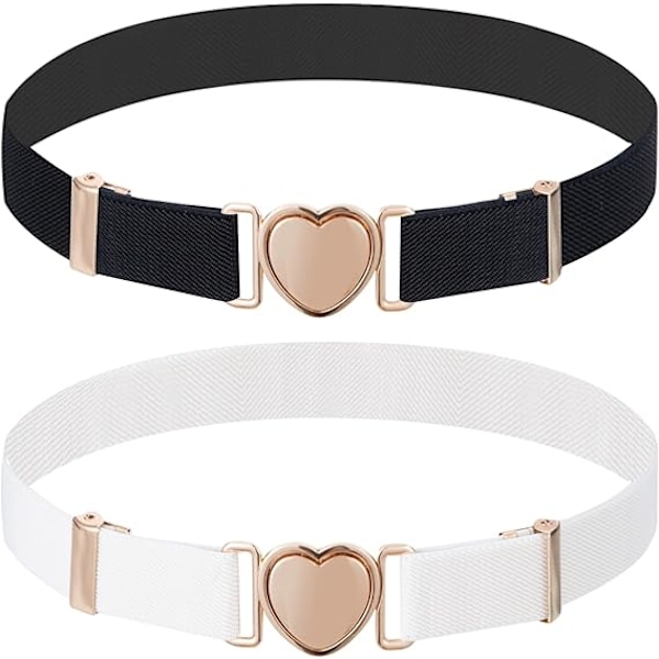 2 Stykker Elastisk Belte for Barn Hvit og Svart Justerbart Stretchbelte med Hjerte-spenne Jentebelte for Skoleuniform