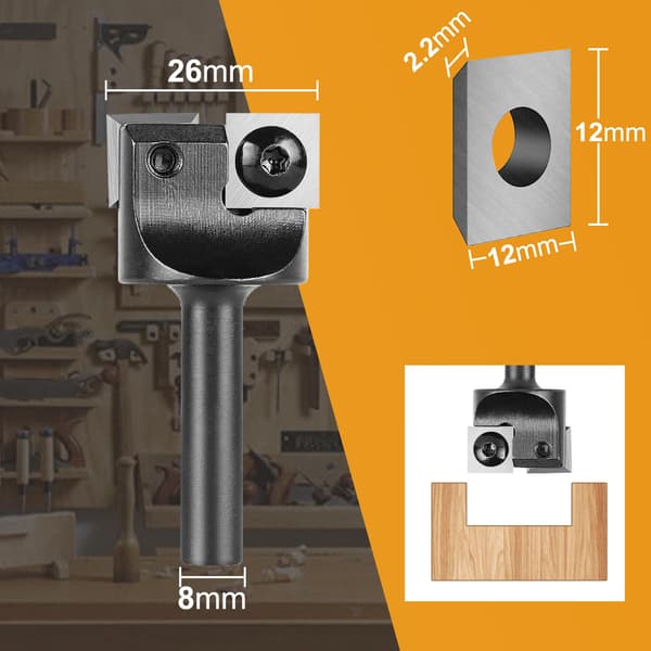 Planfræser 8 mm skaftdiameter 26 mm skærediameter med 2 indsatser Træfræser Træfræser