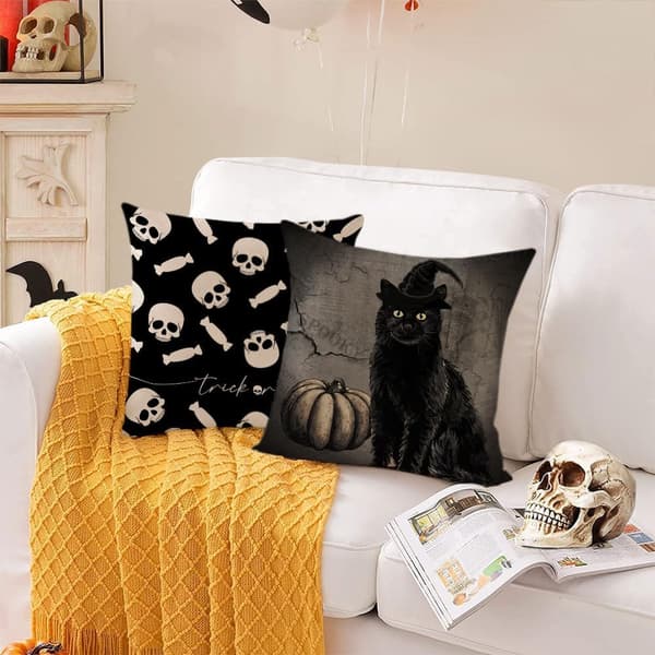 Sæt med 4 Halloween dekorative pudebetræk 18x18 tommer sort kat spøgelse krage græskar