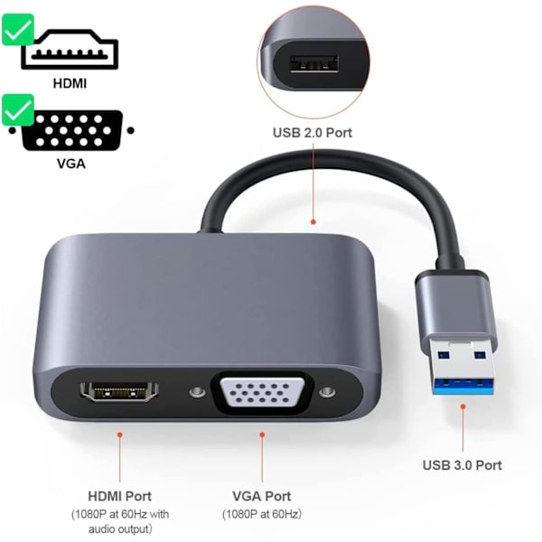 USB 3.0 til HDMI VGA-adapter, USB til VGA HDMI-adapter, understøtter HD